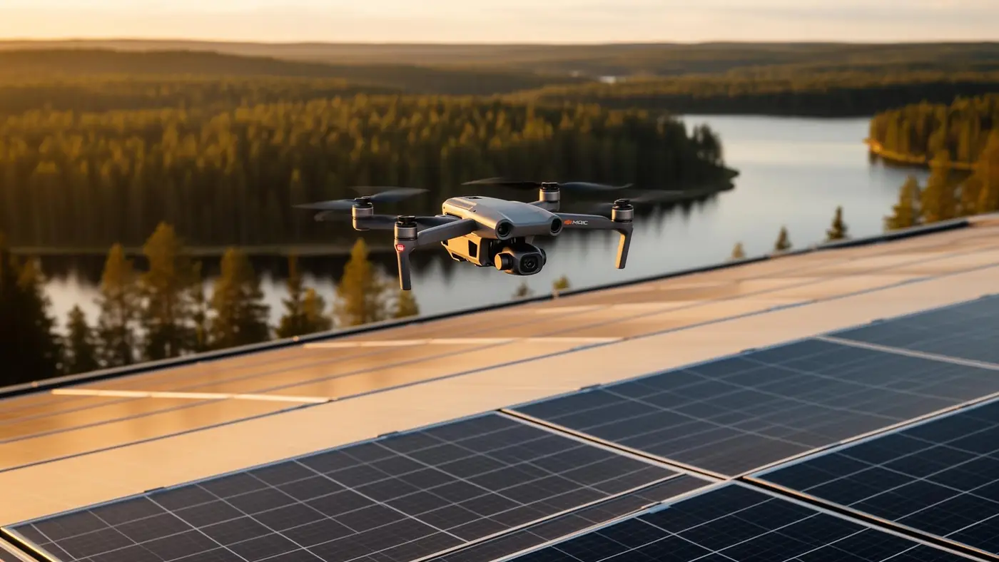 DJI Mavic 3 Thermal-drönare svävar över solcellsanläggning